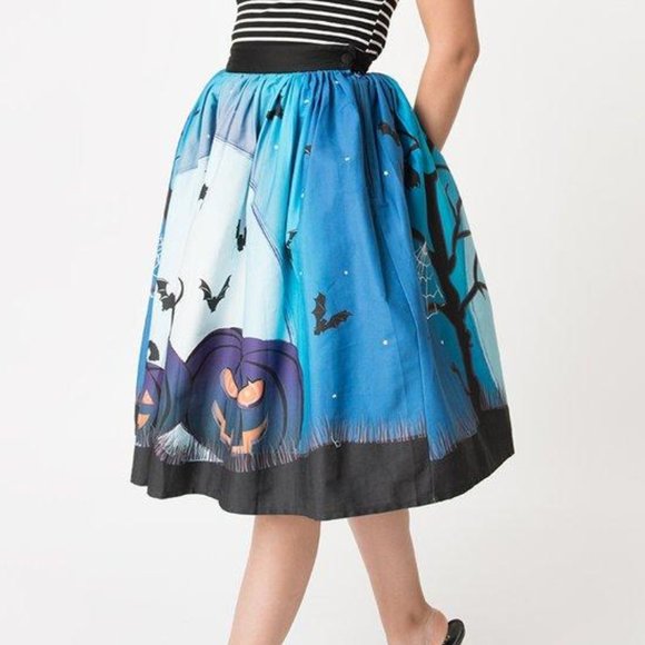 Halloween Blue Moon Pumpkin Circle Skirt NWT - Picture 2 of 3